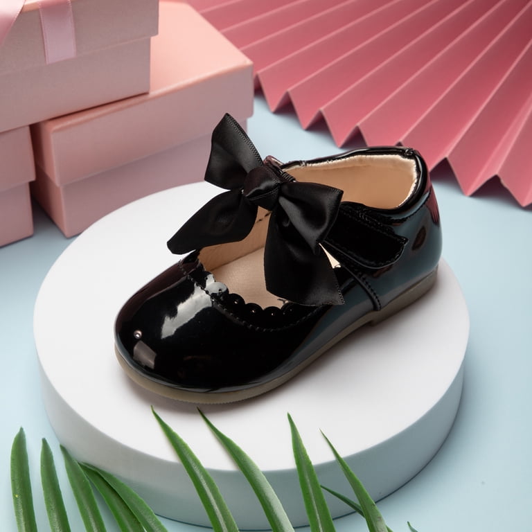 Meckior Toddler Girl Mary Jane Shoes - Ballet Flats With Bow, Non-Slip, Easy Hook-Loop (Black, Size 10.5)