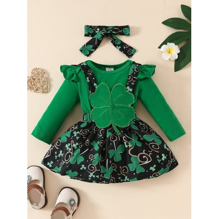 

Mama s sunshine Baby Girl Spring Outfits Solid Ruffle Long Sleeve Romper Clover Suspender Skirt Bow Headband 3 Pcs Irish Set