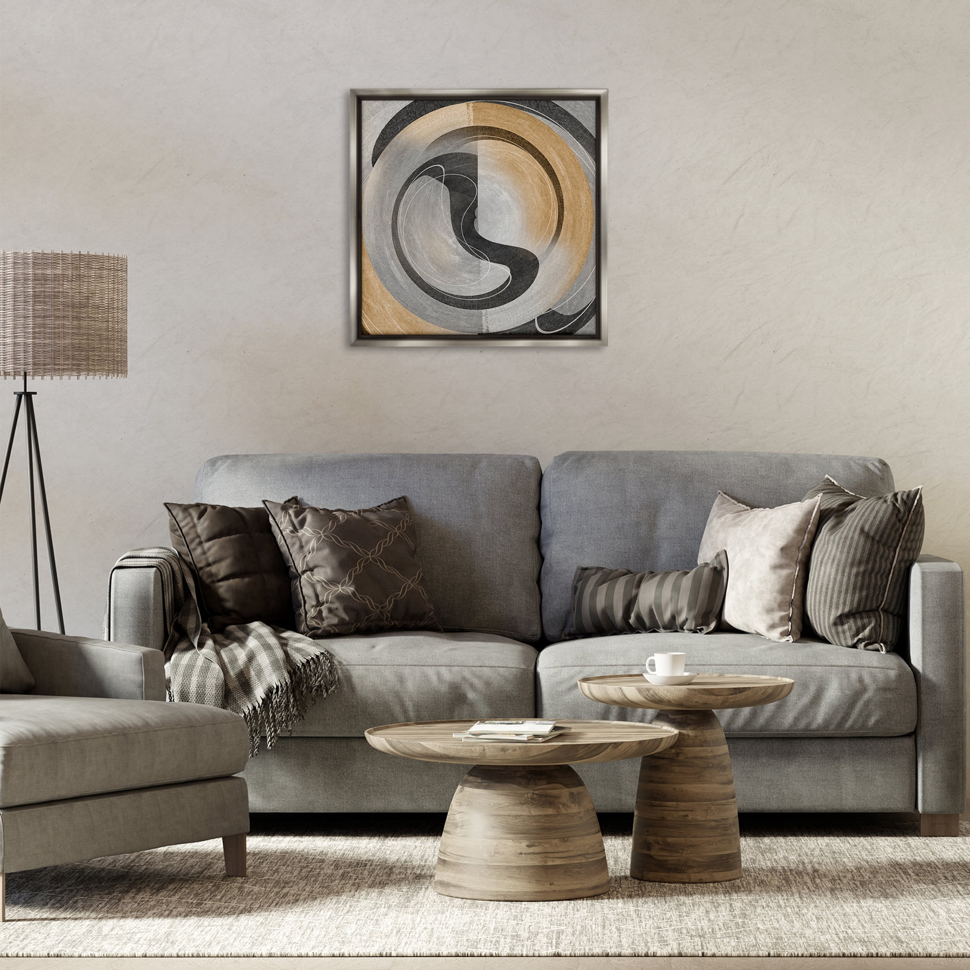 Stupell Industries Centric Circular Swoop Abstract Painting Gray Floater Framed Canvas Art Print Wall Art, 25 x 25