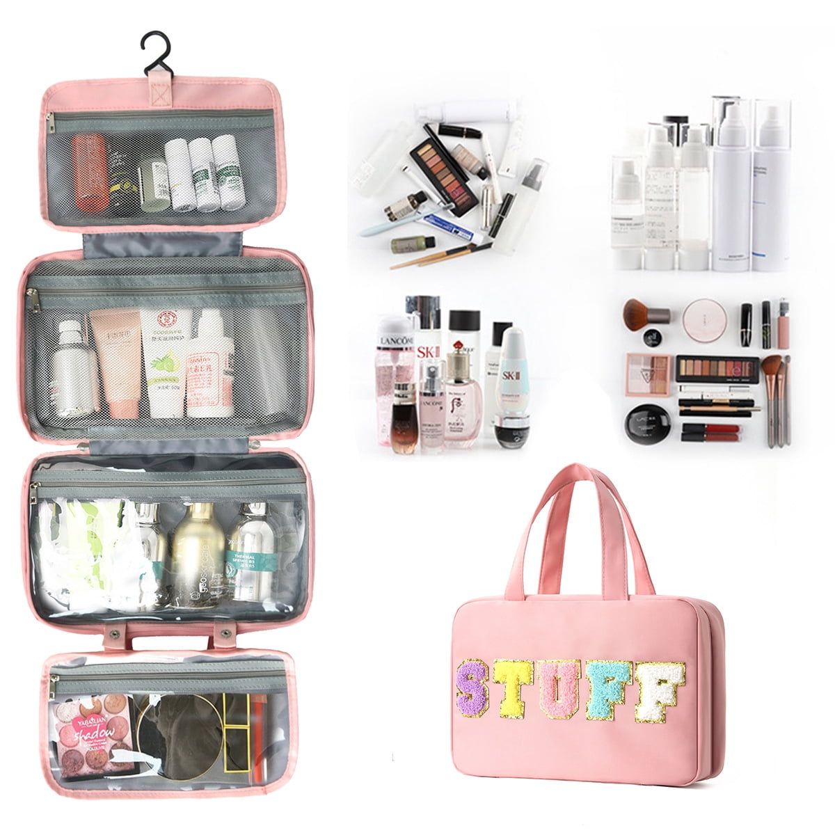 Chenille Letter Stuff Spacious Travel Toiletry Bag Essentials with Hanging Hook for women, Portable Hanging Organizer for Travel-Sized Shampoo , Waterproof for Travel makeup Accessories Gift