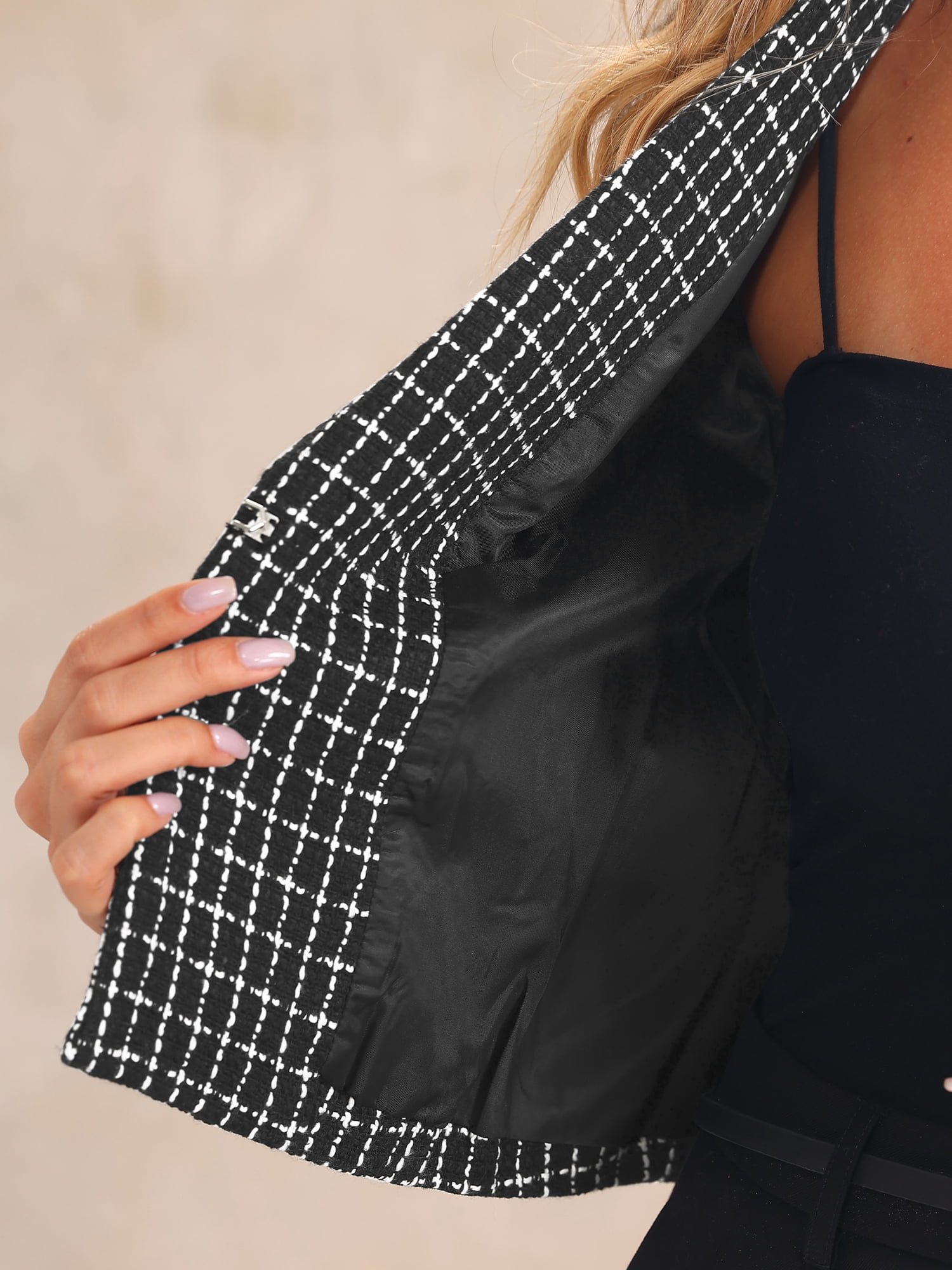 DARING DIVA Tweed Cardigan Notch Lapel Buttons Long Sleeve Blazer M Black