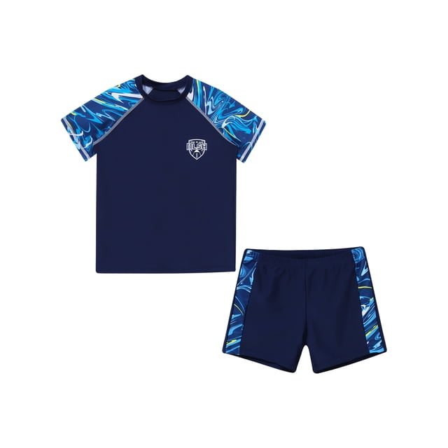 HULIJA Boys' Rash Guard Set Kids 2-Piece Swimsuit UPF 50+ Sun Protection Swimwear Short Sleeve Swim Shirts and Trunks Set Blue XL