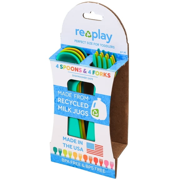 Re-Play Recycled Plastic 8-Piece Toddler Utensil Set with Aqua, Lime Green, Sunny Yellow, Teal