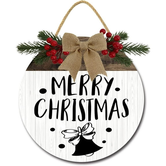 Eveokoki 12" Merry Sign Christmas Decoration， Wooden Christmas Wreaths for Front Door Christmas Decor for Home Wall Farmhouse Holiday Outdoor Indoor