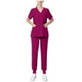 thumbnail image 3 of Jinhomg Womens Nursing Uniform Set Casual Loose Short Sleeve V-Neck Scrub Tops and Jogger Pants with Pockets 2 Piece Plain Solid Medical Workwear Purple L, 3 of 7