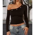 thumbnail image 5 of Women Long Sleeve Shirts Rib Knit Slim Fit Tops Off-Shoulder Tee Fall Outfits Casual T-Shirt Layer Clothes Brown M, 5 of 9