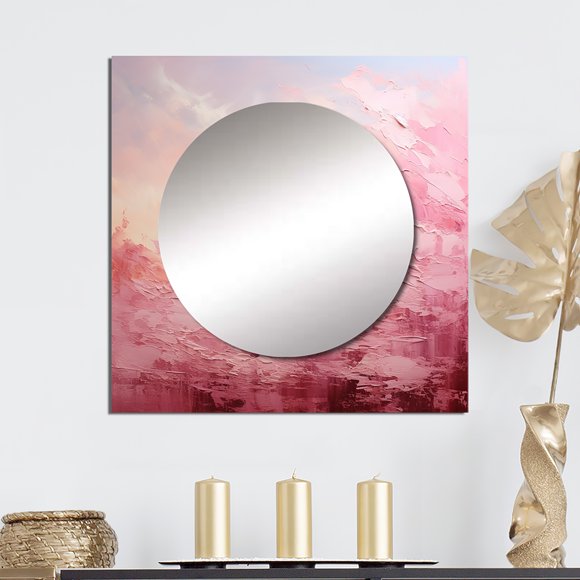 Designart "Horizon in Pink" Abstract Landscape Square Mirror For Wall Decor - Large Pink Square Printed Wall Mirror Art - Square Modern Mirror - Wall Mounted Square Large Mirror