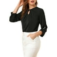 thumbnail image 5 of MODA NOVA Junior's Round Neck Keyhole Pleated Shirred 3/4 Sleeve Blouse Black M, 5 of 7