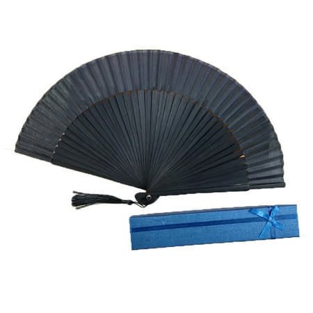 

NUOLUX Men Black Foldable Fan Black Bamboo Bone Handheld Fabric Fan Chinese Style Folding Fan (Fan + Blue Storage Paper Box)