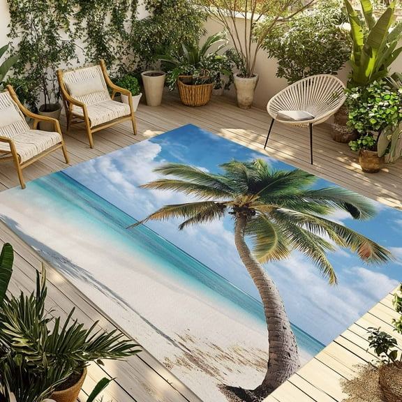 Fsddascl Summer Palm Tree Outdoor Rug for Patio/Deck/Porch, Non-Slip Large Area Rug 5 x 8 Ft, Sandy Beach Ocean Sky Cloud Plants Indoor Outdoor Rugs Washable Area Rugs, Reversible Camping Rug Carpet