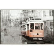 47.25 x 31.5 in. Downtown Street Trolley Car Oil Painting