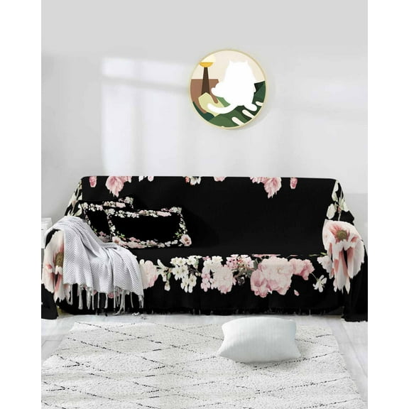 Floral Black Sofa Covers for 3 Cushion Couch,Washable Sectional & L Shape Couch Covers for Dog/Cat/Kid,Vintage Botanical Blossom Spring Summer Non Slip Sofa Slipcover Tassel Futon Cover 71x150