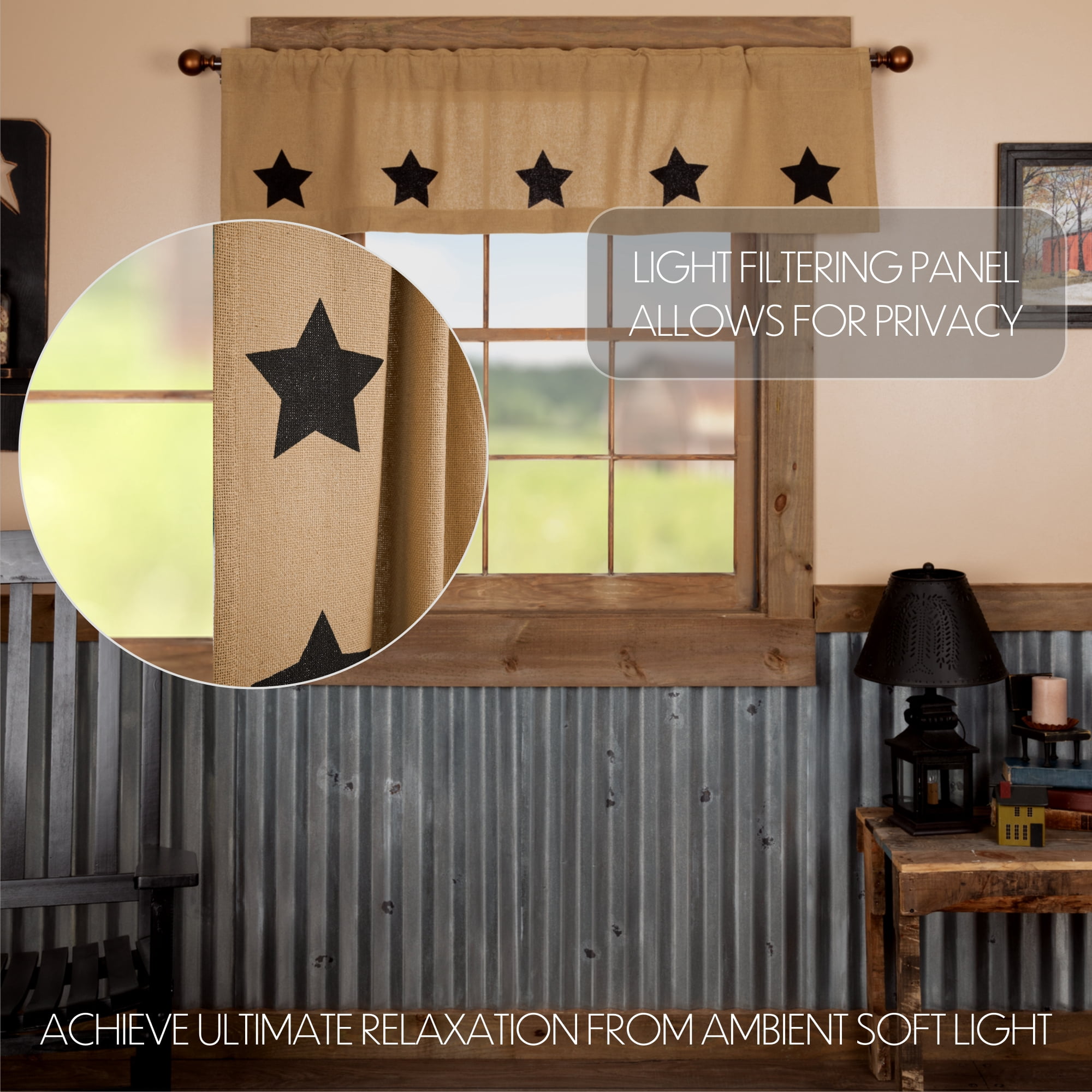 VHC Brands Burlap Natural with Black Stars Primitive 16"x60" Valance Tan Rod Pocket Stenciled Cotton Kitchen Window Curtains