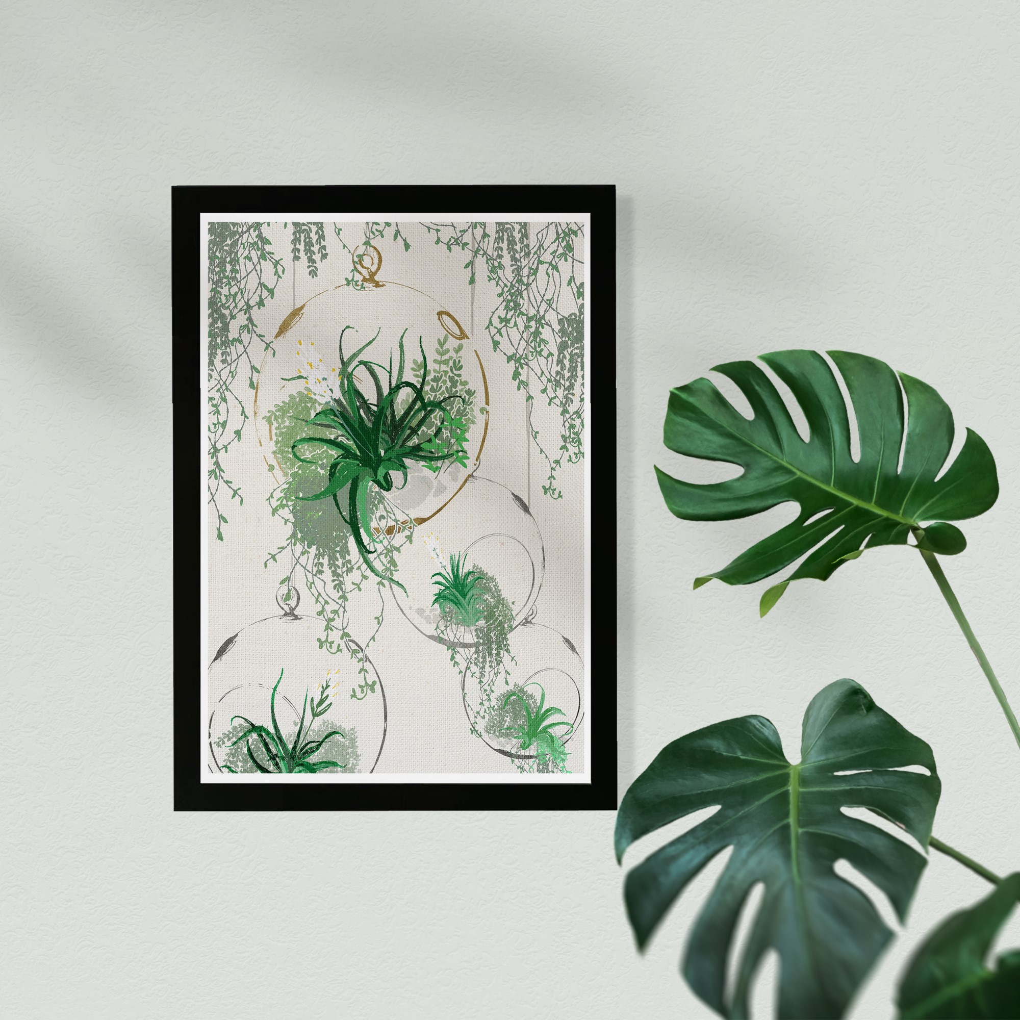 Wynwood Studio Floral and Botanical Framed Wall Art Prints 'Hanging Air Terrarium' Botanicals Home Décor - Green, White, 13" x 19"