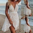 thumbnail image 2 of Robe Blanche Femme Sans Manches à Col en V Été Plage Dames Vacances Robe en Dentelle Unie, 2 of 6