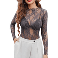 thumbnail image 2 of WULMLEO Women's Lace Long Sleeve Tops, Mock Neck Sheer Mesh Top, See Through Floral Lace Tops, Party Club Night Blouse Shirts Gray M, 2 of 6