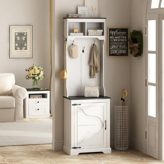 Farmhouse Narrow Coat Rack with Shoe Storage, 6 Shoe Cubbies & 5 Coat Hooks, Entryway Furniture with Hall Tree, Ideal for hallways, Living Rooms and Mudrooms, White