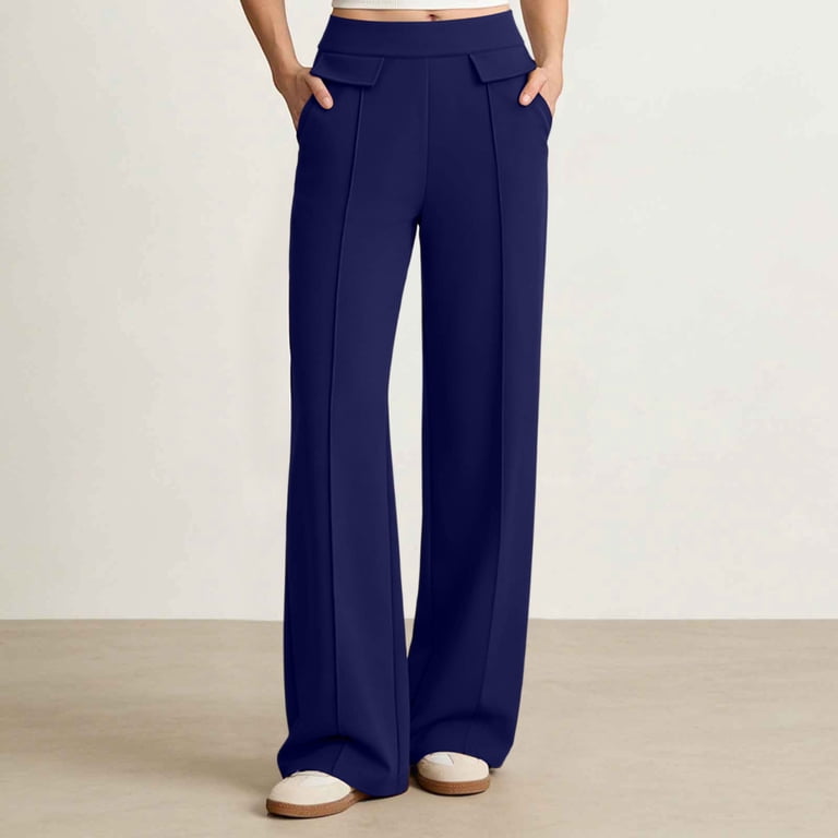ladies navy dress trousers Hawes & Curtis Navy Twill Wide Leg Pants With Side Adjusters | Wool | Plain