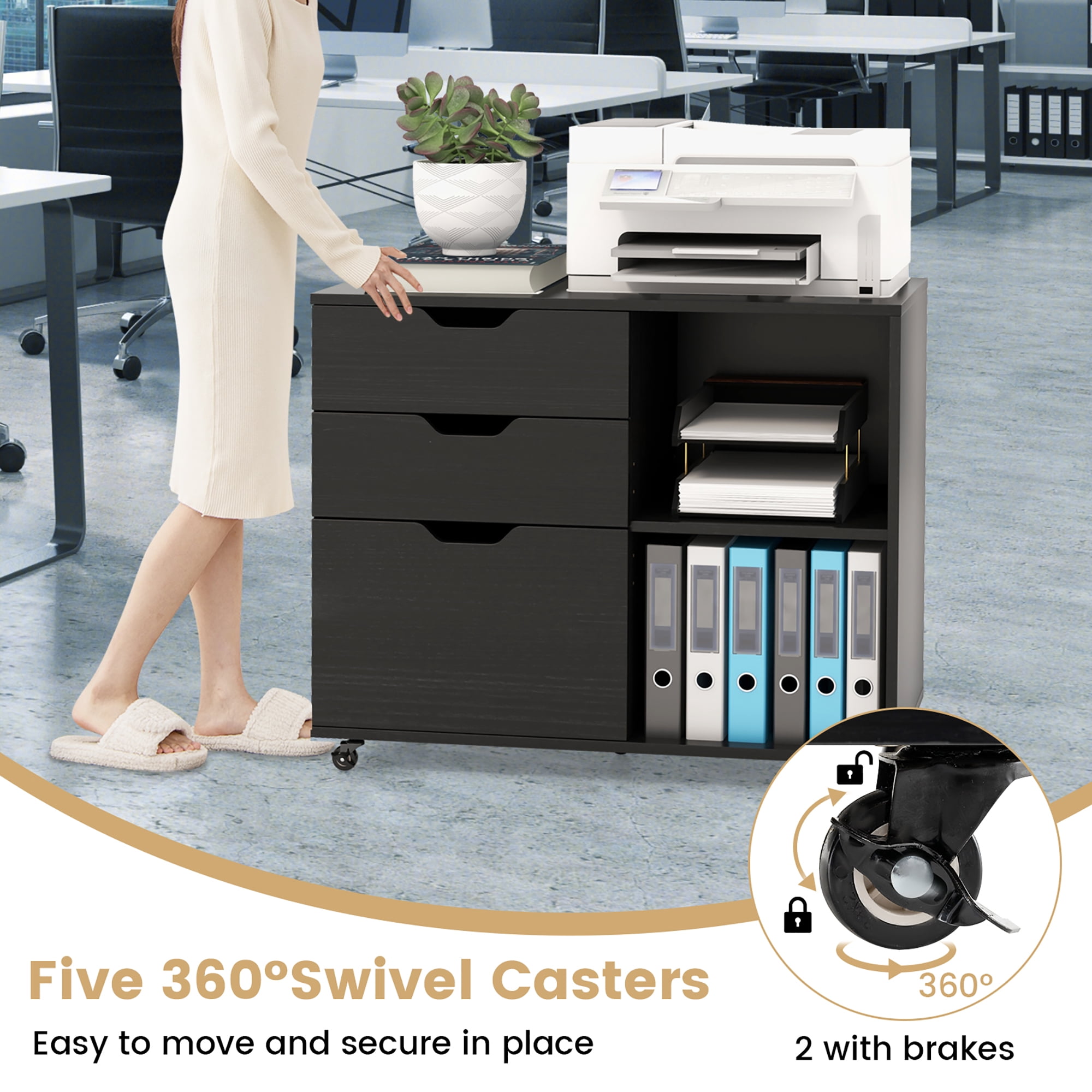 Gymax 3-Drawer Mobile File Cabinet w/ Open Adjustable Storage Shelf for Home Office Black