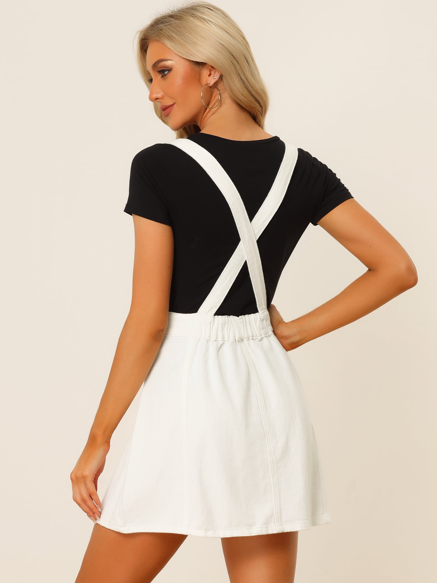 DARING DIVA Women's Button Front A Line Mini Suspender Skirt M White