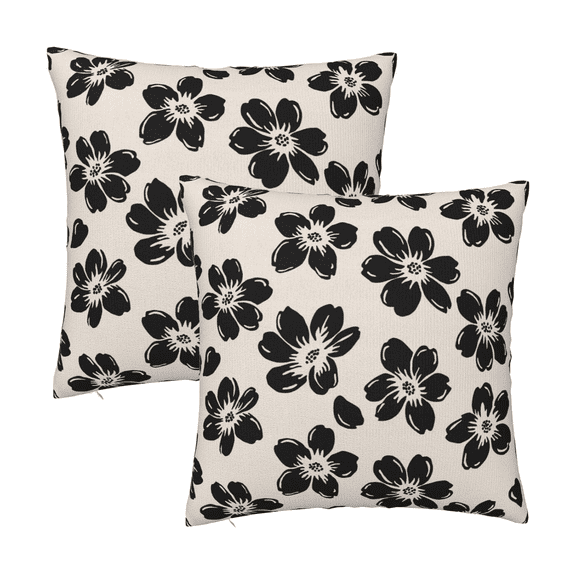 Decorative Black Floral Throw Pillow Covers 18 x 18 Inch Set of 2, Black Beige Lucky Flowers Cushion Cover Square Pillow Cases for Office Couch Sofa Bedroom Living Room Farmhouse Home Decor Cream