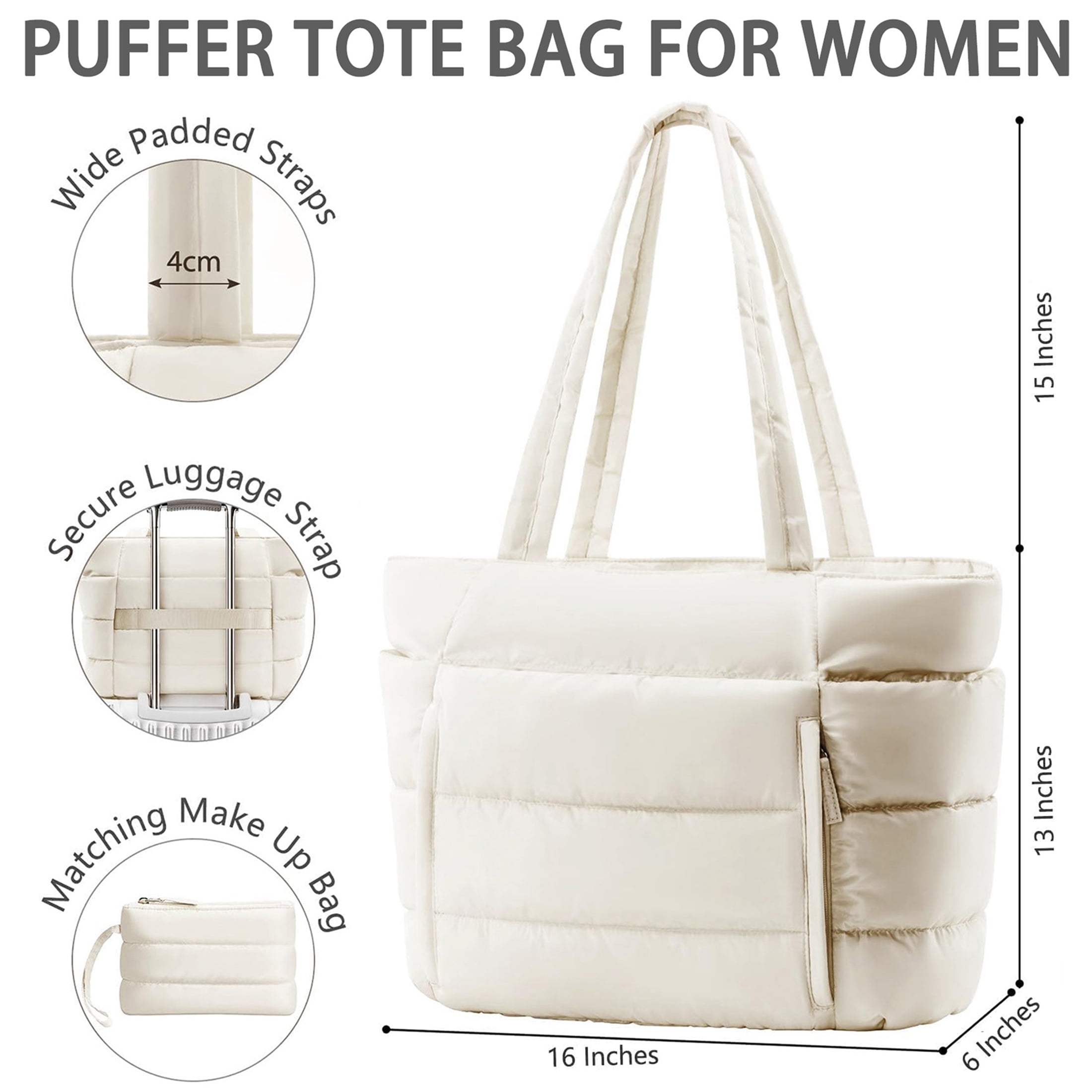 Puffer Tote Bag for Women, Large Capacity Lightweight Quilted Shoulder Bag, Waterproof Handbag for Work, Travel, Gym, Beige