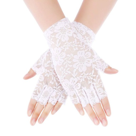 Womens Sexy Lace Driving Gloves Ladies Long Fingerless Half Finger Fishnet Gloves Lace Gloves Mesh Mitten Dance Gloves WHITE