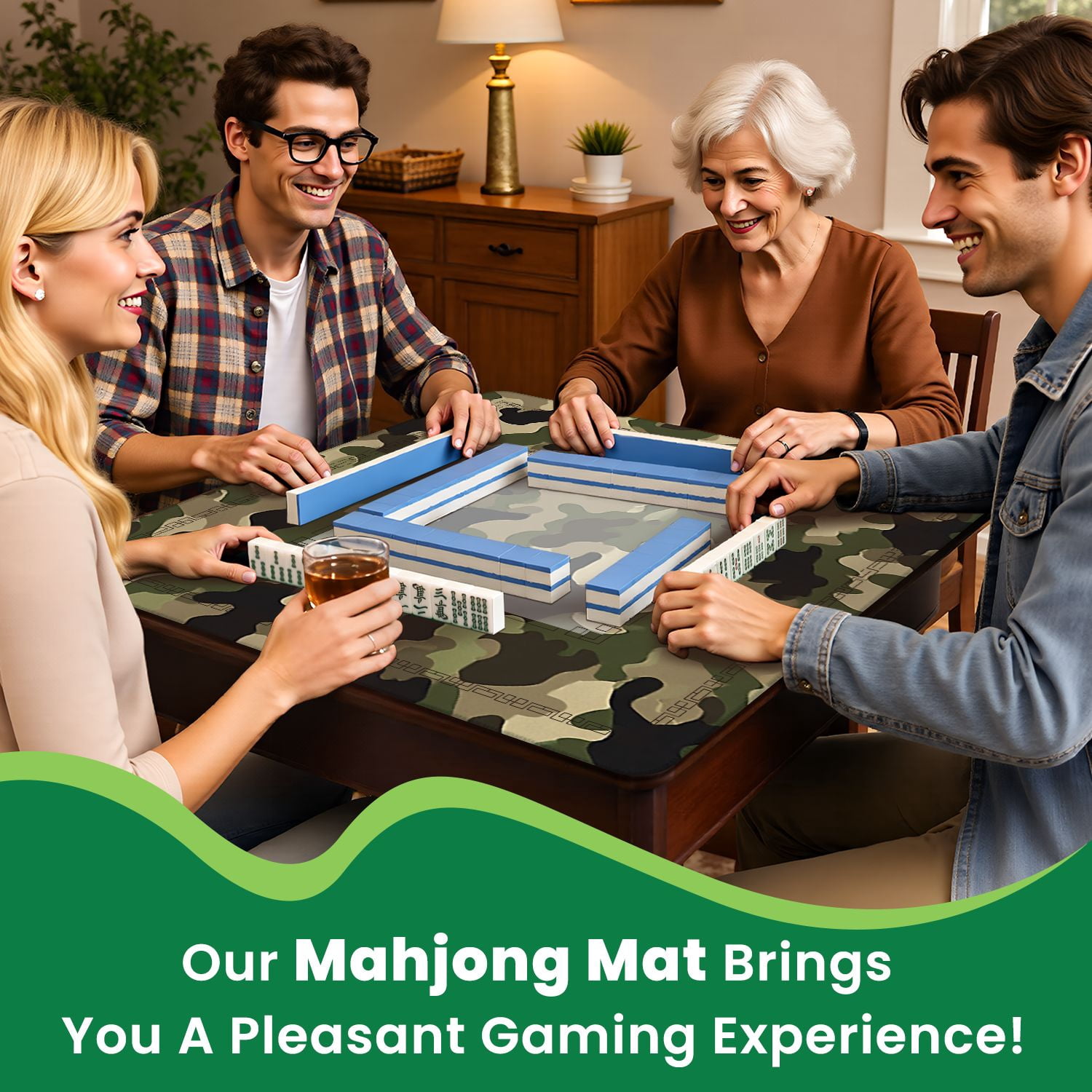 Mahjong Mat 31.5" x 31.5" military camouflage seamless Abstract hunting Non-Slip Noise Reduction American Mahjong Tiles Table Cover for Dominoes Poker Card Board Games Gift