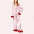 thumbnail image 2 of Tnhcen Valentine's Day Women's Cozy Comfortable Pajama Set with Fluffy Trim Pink Bow Print Long Sleeve Collar Design in Satin Fabric Sleepwear for Women Plus Size S-2XL, 2 of 6