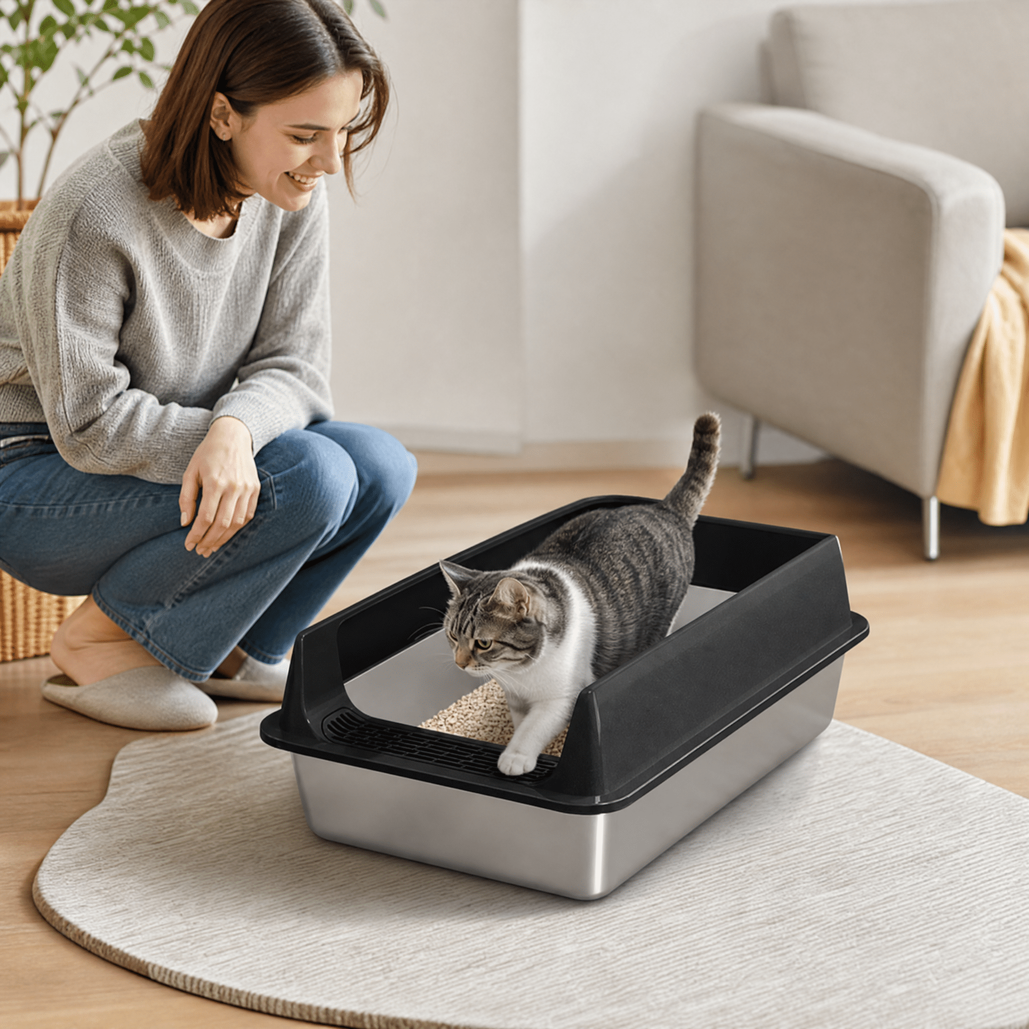 Stainless Steel Litter Box, Semi Enclosed High Side Cat Litter Box, Top Entry Litter Boxs for Senior Cats, Leak-Proof, Non-Sticky, Ideal for Indoor Cats Kitten, Black/XL