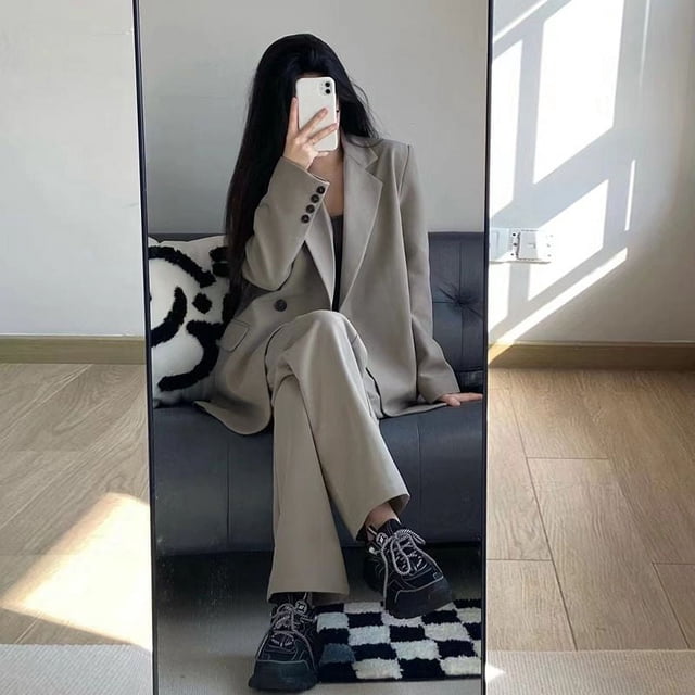 Conjunto de traje de dos piezas holgado y ajustado para mujer, chaqueta de traje informal de moda para otoño e invierno