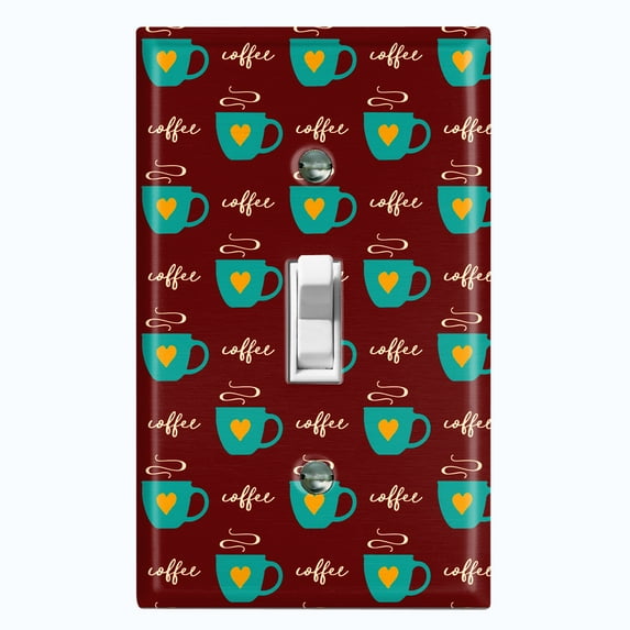 Metal Light Switch Wall Plate Outlet Cover (Coffee Espresso Mocha Cup Orange Heart Brown - Single Toggle)