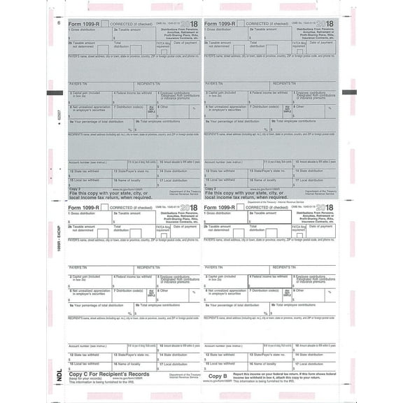 EGP IRS Approved 1099-R, 4-Up Pressure Seal, Preprinted, 1 Carton of 500, TF5177