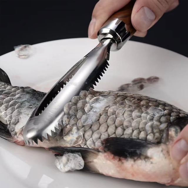 Binmer Fishes Scale Scraping Tool Stainless Steel Fish Ware Scraping Fish Wooden Handling Non-Slip Fish Ware Knife Kitchen Household Tools For Cleaning Fish