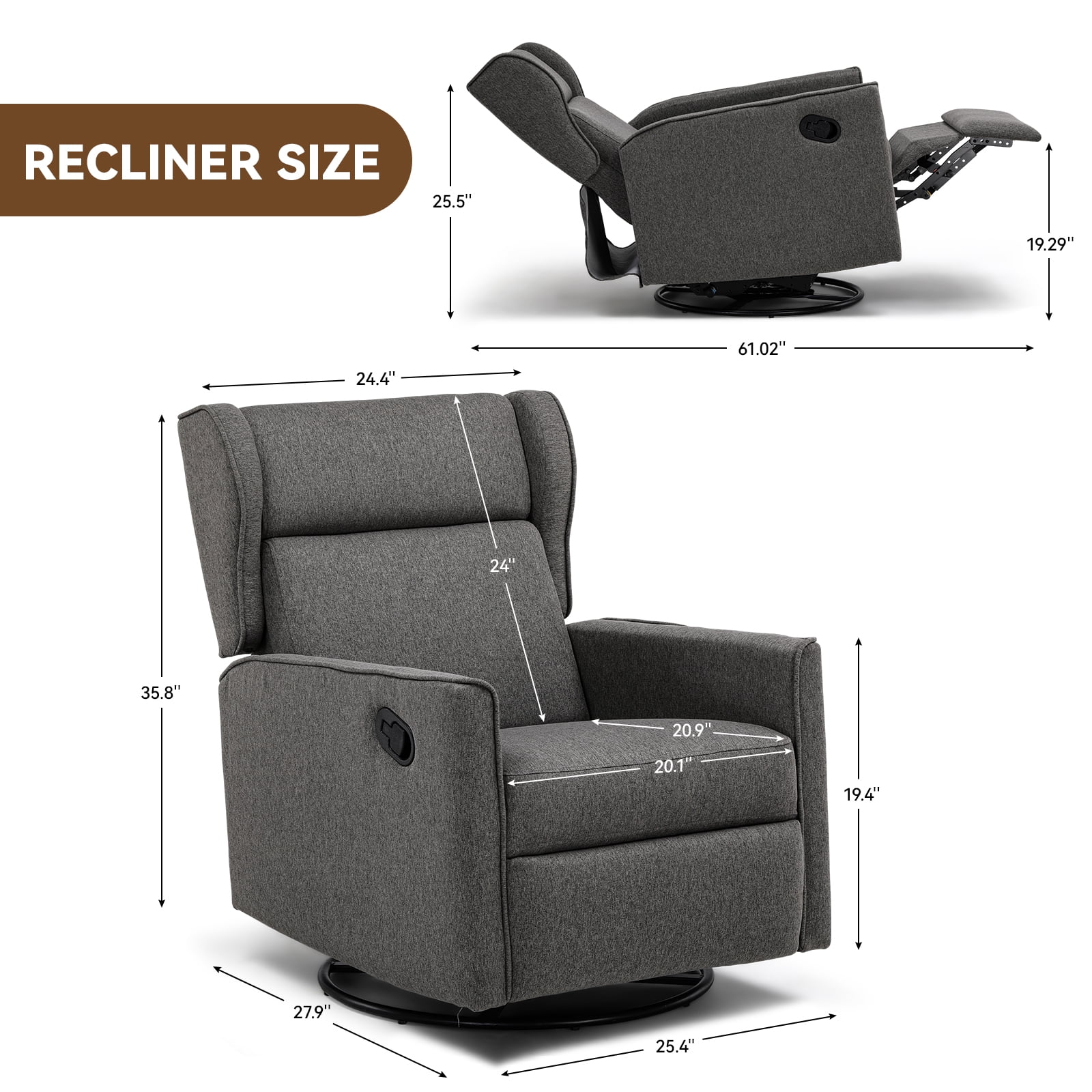 COMHOMA Swivel Rocker Recliner Chair, Fabric Swivel Glider Reclining Single Sofa for Living Room, Gray