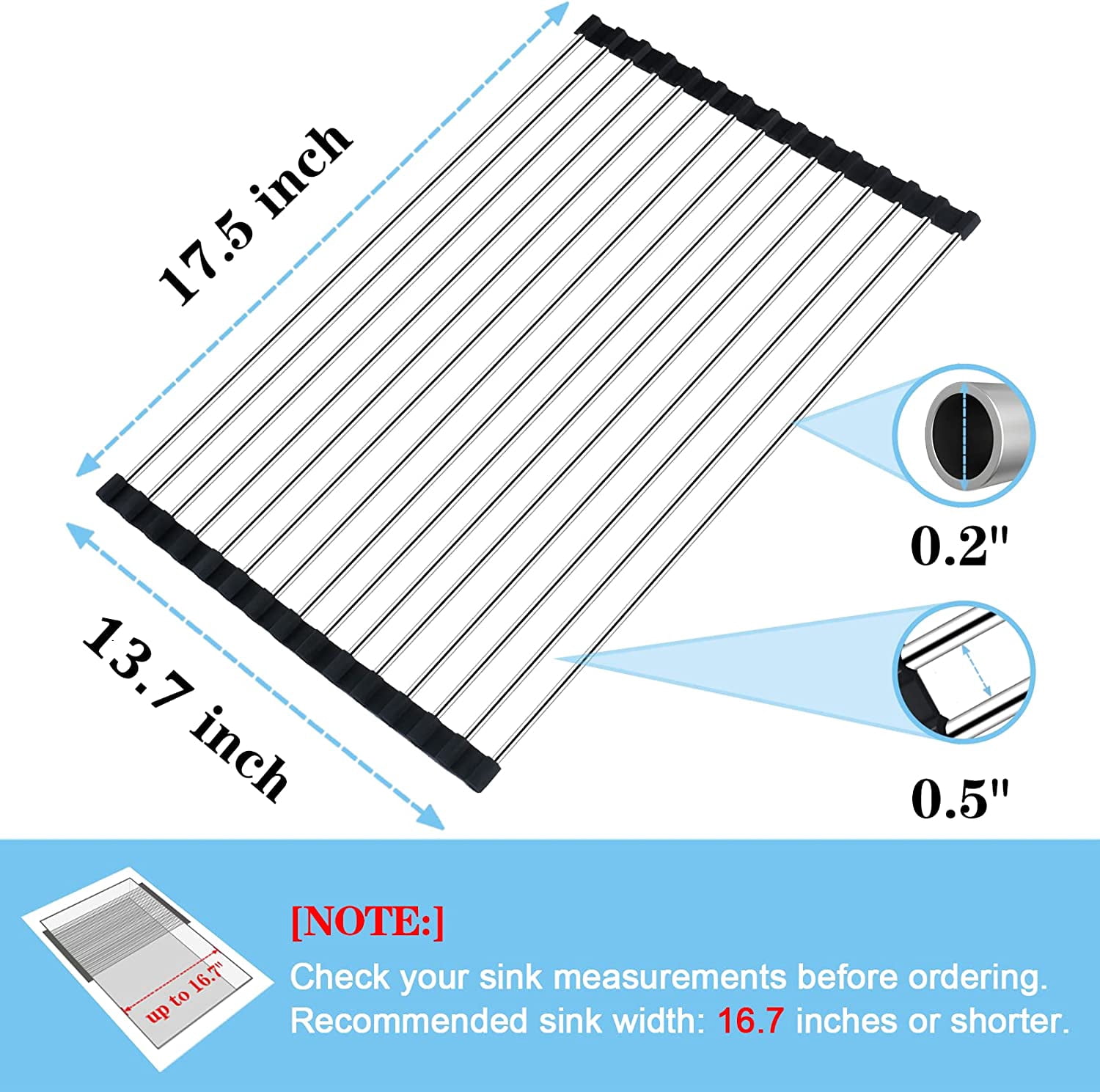 JJEAN-Roll Up Dish Drying Rack Over The Sink Drying Rack for Kitchen Counter, Folding Dish Rack Over Sink Mat, Stainless Steel Dish Drainer Rack Kitchen Sink Organizer Accessories 17.5"x13.7"