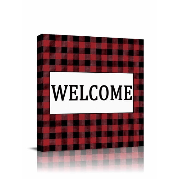 Welcome Red Canvas Wall Art, Black Buffalo Check Plaid Framed Wall Decor Modern Artwork Prints Painting for Living Room, Bedroom, Kitchen & Cafe Decor 24x24 Inch