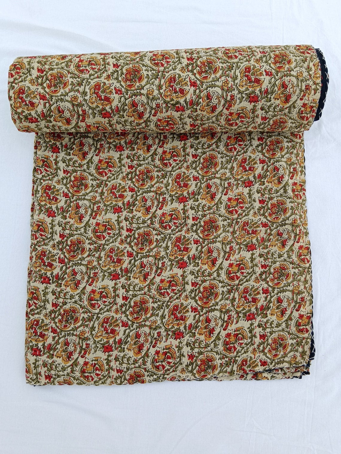 Floral Kantha Quilt Handblock Print floral Kantha Indian Netural Colour Indian inspired Bedding Hand Stitched Rural Quilted Bedding Quilt A And E Textiles House
