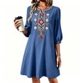 thumbnail image 5 of Summer Dresses for Women Sawvnm Women's Boho Embroidered Tunic Dress V Neck 3/4 Sleeve Casual Loose Mini Dress For Summer Beach, 5 of 6