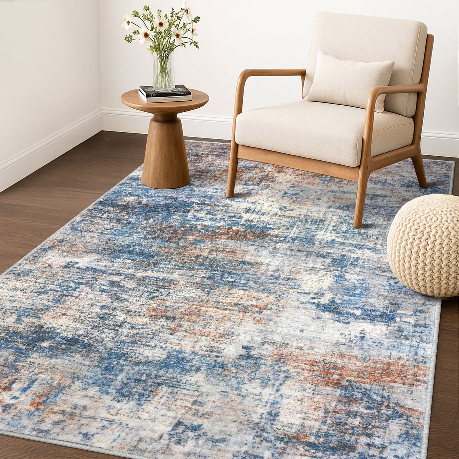 iOhouze Washable Rugs 3x5 ft Entryway Rugs Abstract Non Slip Area Rug Printed Faux Wool Soft Kitchen Rugs Indoor Rugs for Entrance Foyer Living Room Bedroom, Blue/Rust/White