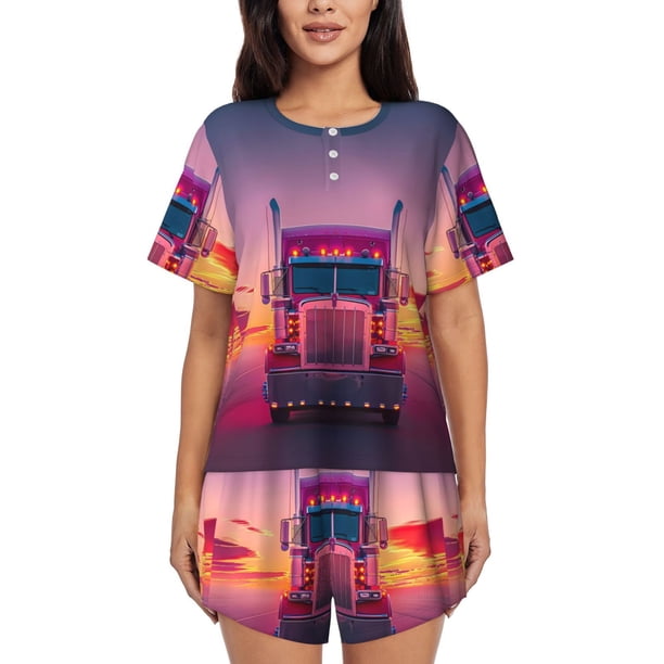 Fotbe Sunset Truck Highway Conjunto de Pijama Estampado para Mujer, 2 Piezas, Ropa de Dormir con Camiseta de Manga Corta y Shorts Suaves-Large