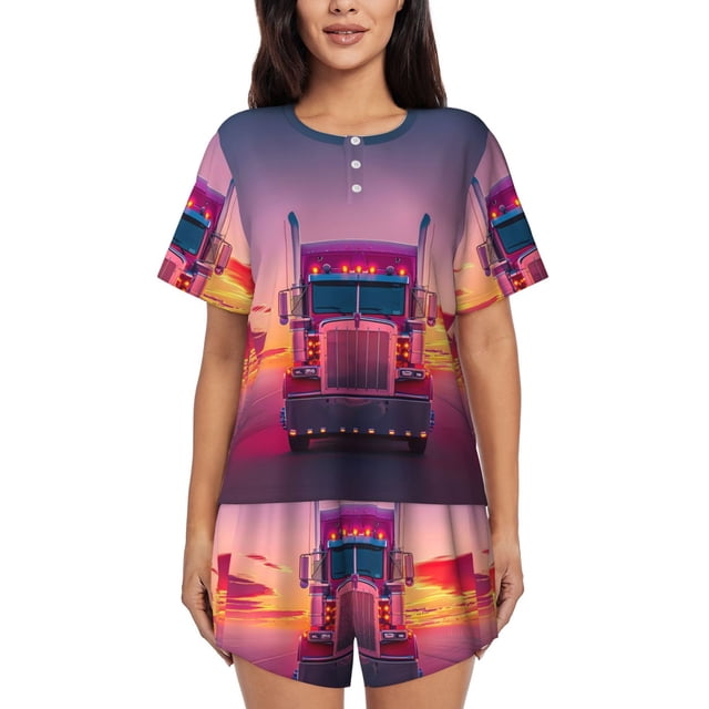 Balery Sunset Truck Highway Conjunto de Pijama para Mujer con Estampado, Dos Piezas de Manga Corta y Shorts, Ropa de Dormir Suave con Cuello Redondo y Bolsillos-Large