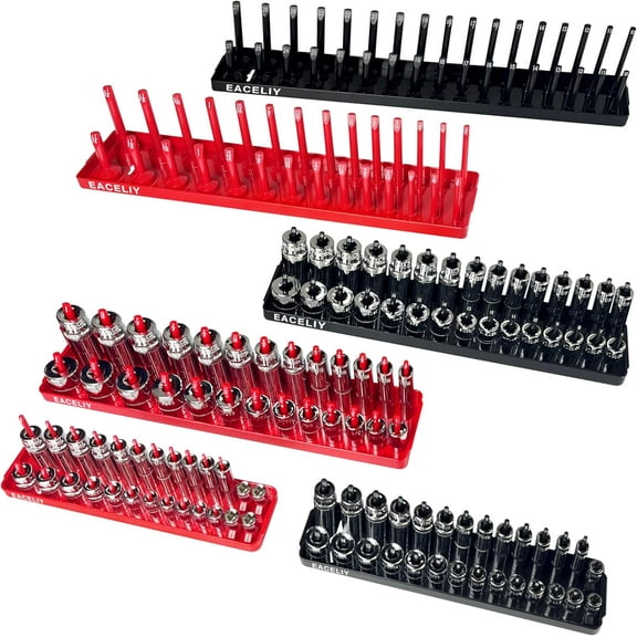 MaxxMarket 6PCS Socket Organizer Tray Set,1/2", 1/4" and 3/8" SAE & Metric Deep & Shallow Socket Holder Kit, Deep and Shallow Socket Holders for Toolboxes(sockets not included)