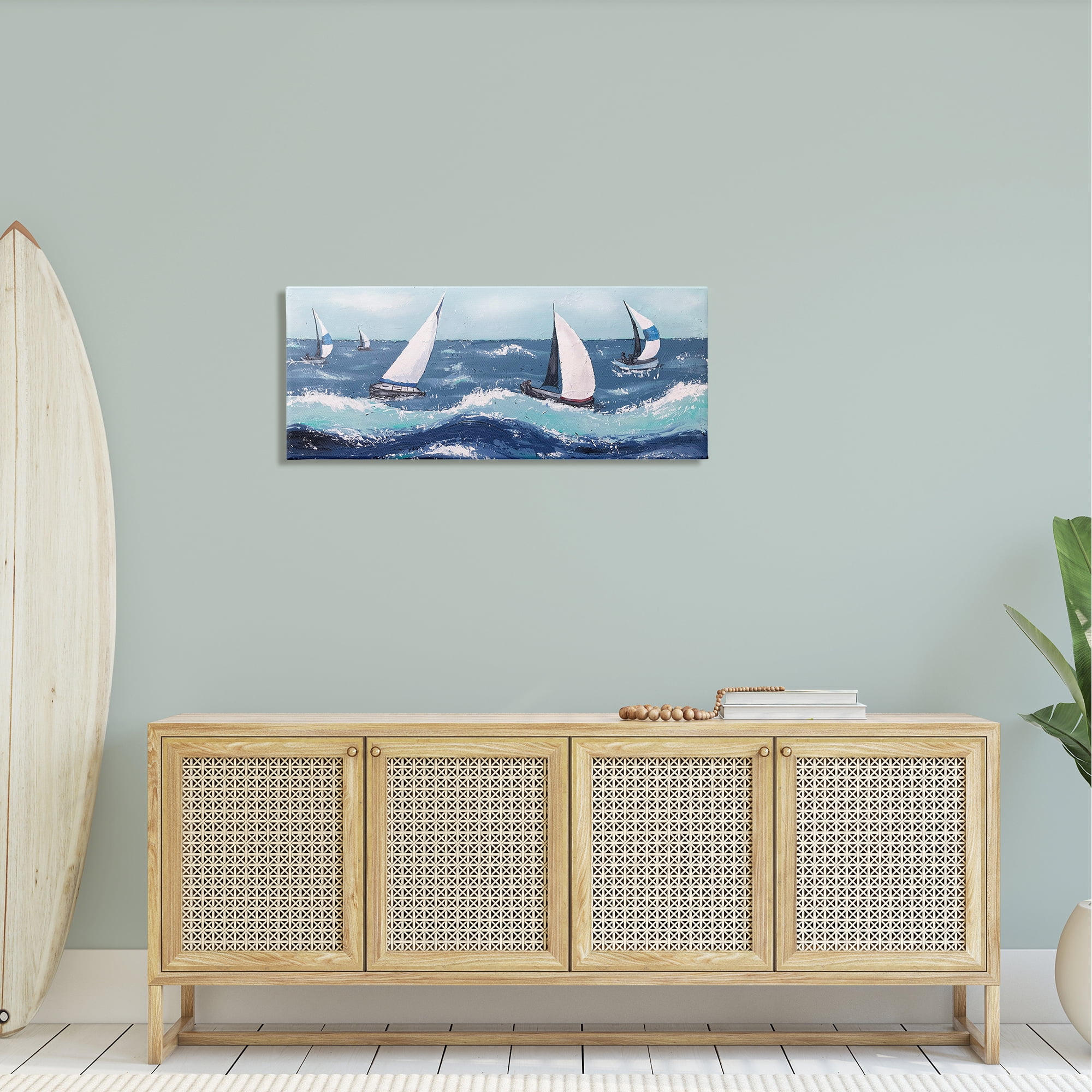 Stupell Sea Waves Splashing Sailboats Landscape Painting Gallery Wrapped Canvas Print Wall Art