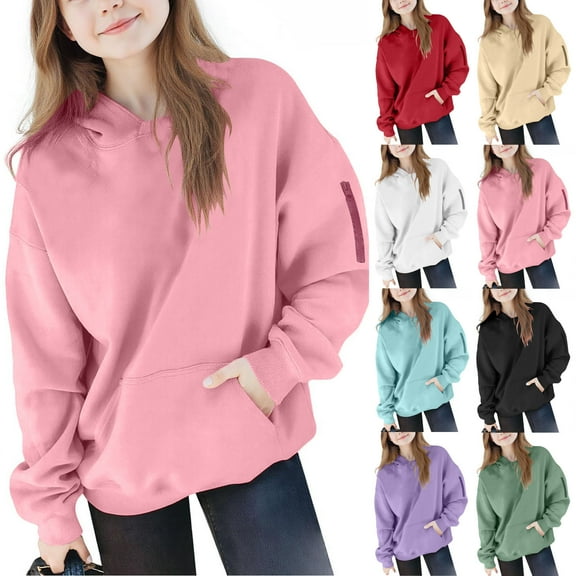 MKOSPLRT Oversized Hoodies for Girl 4-15Y Long Sleeve Hidden Pocket Sweatshirts Solid Drop Shoulder Pullover Fall Clothes for Kids