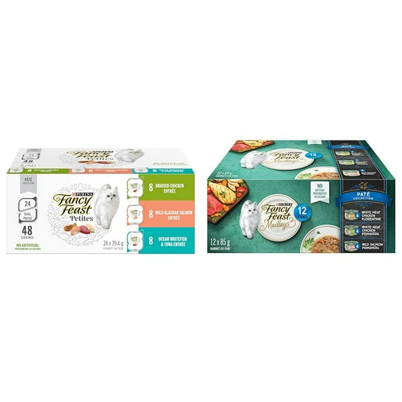 Fancy Feast Petites Wet Cat Food, Pate Collection Variety Pack 3 Flavours - 79.4 g x 24 Tray (24 Pack) & Medleys Wet Cat Food, Pate Collection Variety Pack 3 F