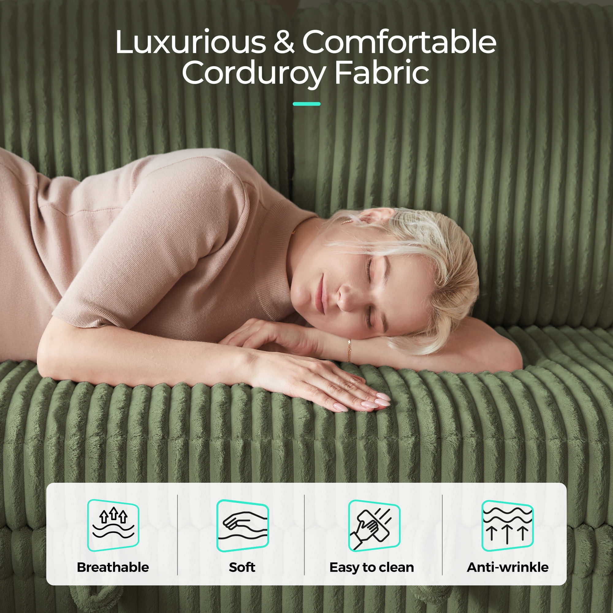 Linsy Home Storage Sectional Sleeper Sofa with Pull Out Bed, 9 Seat Modular Sectional Sofa with with USB & Cup Holder, Plush Corduroy Sectional Couches for Living Room, Green