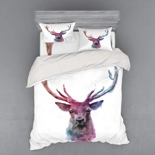 Deer Duvet Cover Set, Illustration of Male Stag with Soft Pale Colors