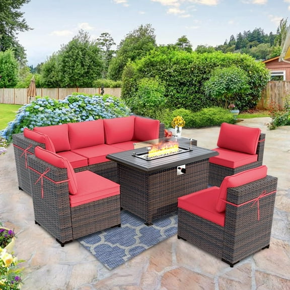 ASJMR 8 Pieces Outdoor Patio Furniture Set with Fire Pit Table,Outside PE Rattan Wicker Sectional Sofa Conversation Sets with Red Cushions