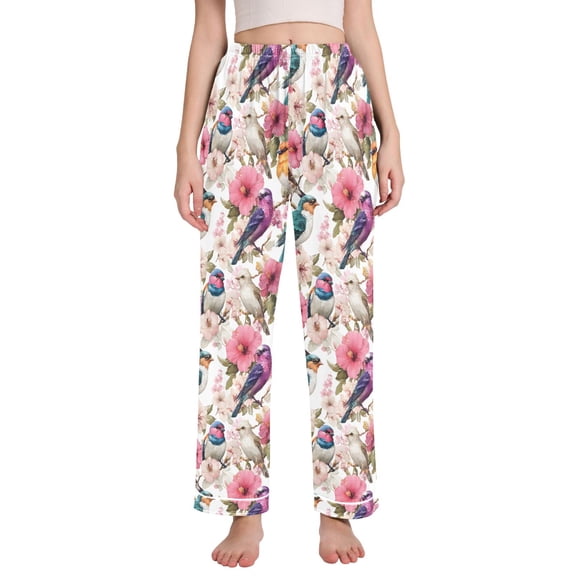 joogoo Women Retro Birds Flower Pajamas Pants Lounge Bottoms Pjs with Pockets M